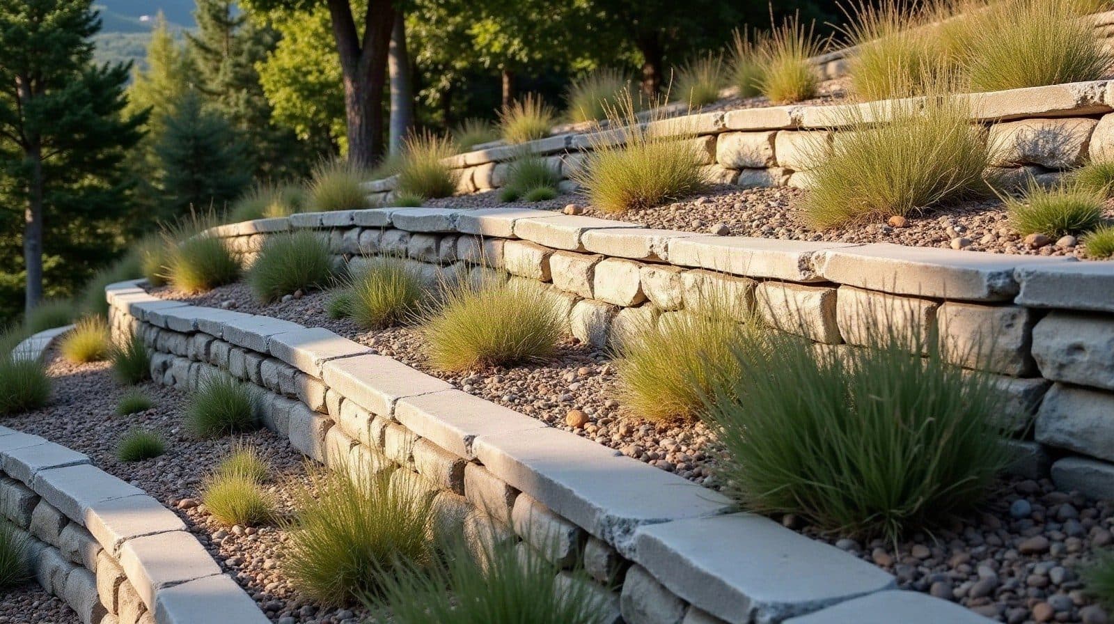 Jardin aménagé en paliers successifs sur un terrain en pente