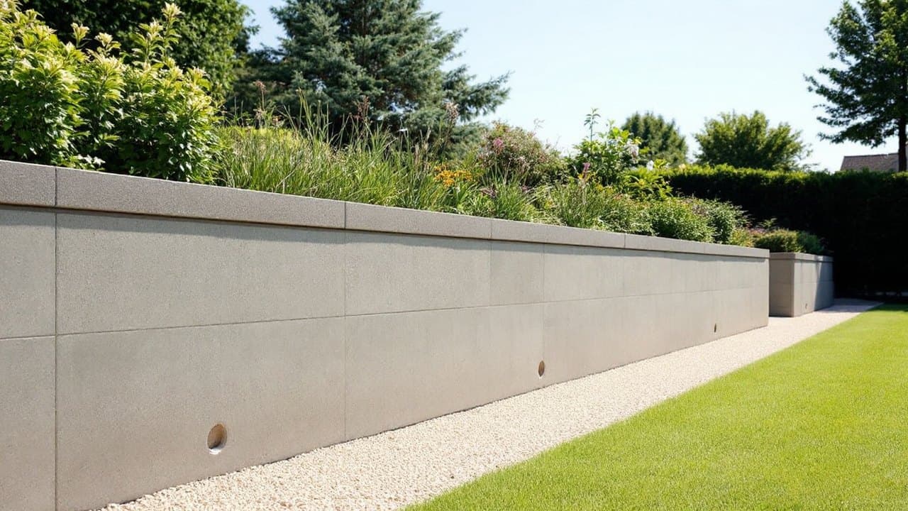 Mur de soutènement en béton fini, barbacanes près de sa base et bande de gravier le long de son pied