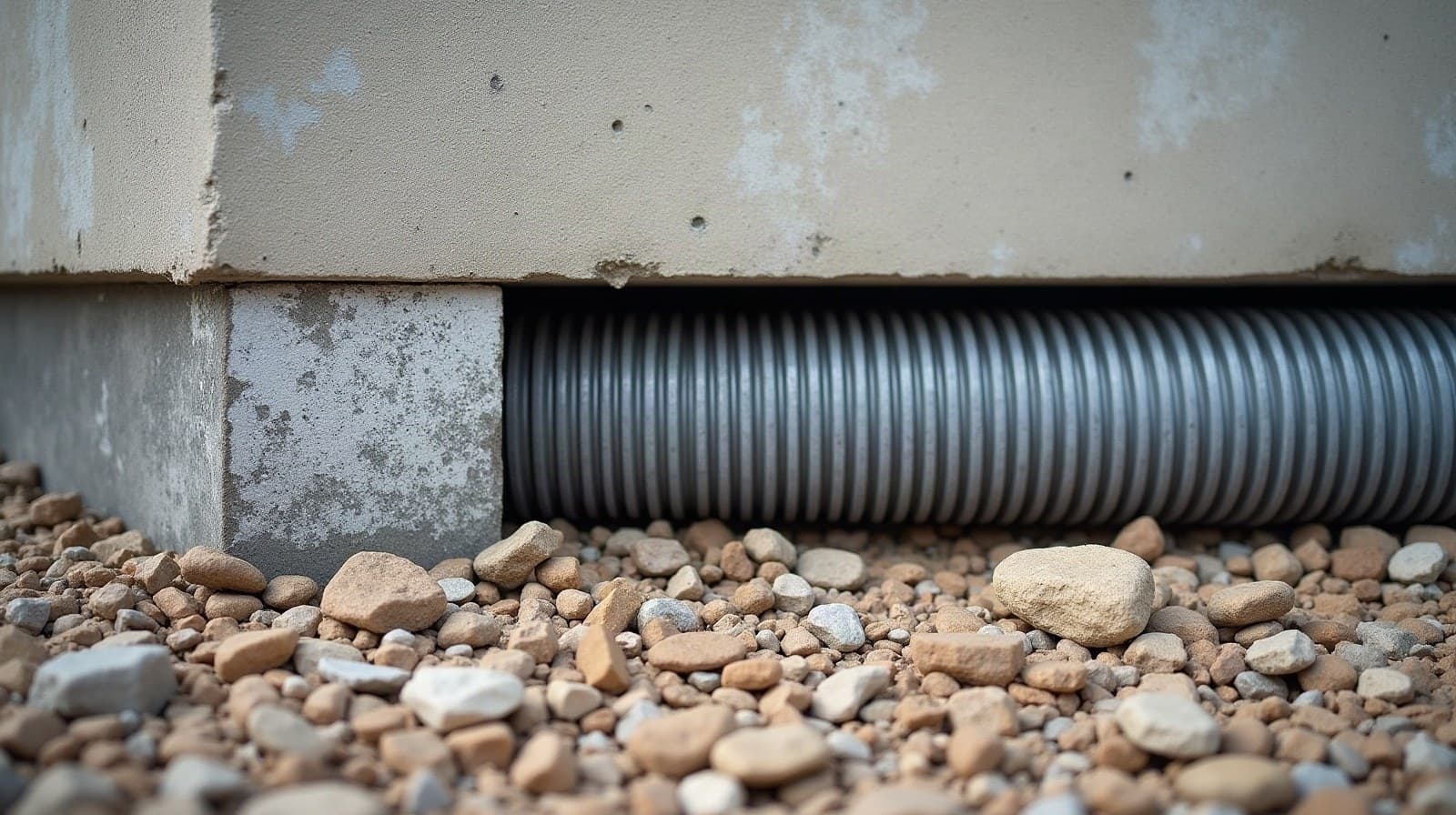Drain agricole et géotextile posés en pied d'un mur de soutènement avant remblaiement