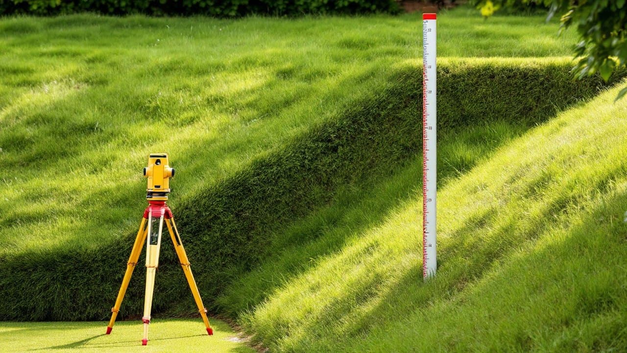 Niveau de chantier sur trépied et mire graduée posés au pied d'un talus engazonné, pour mesurer la pente