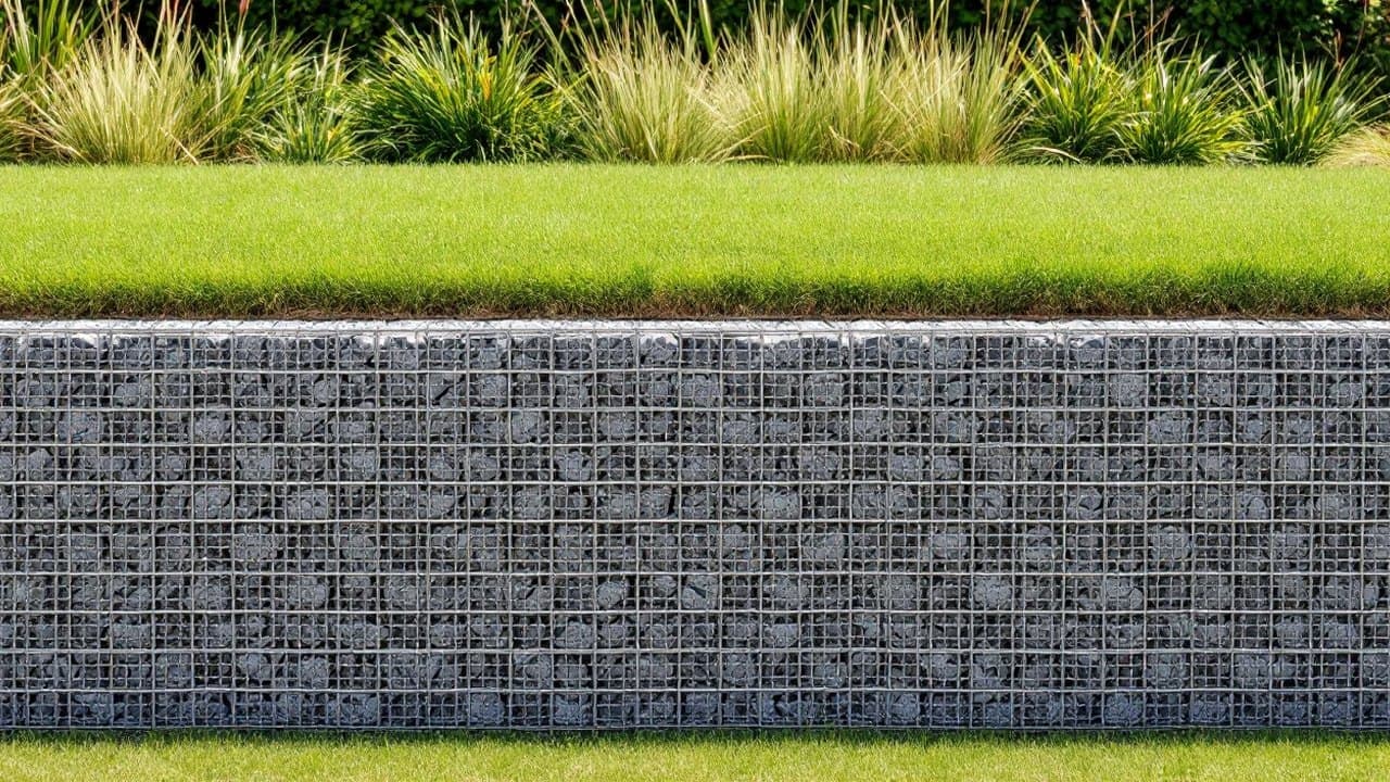 Mur de soutènement en gabions fini, cages galvanisées remplies de pierres, pelouse et graminées au-dessus