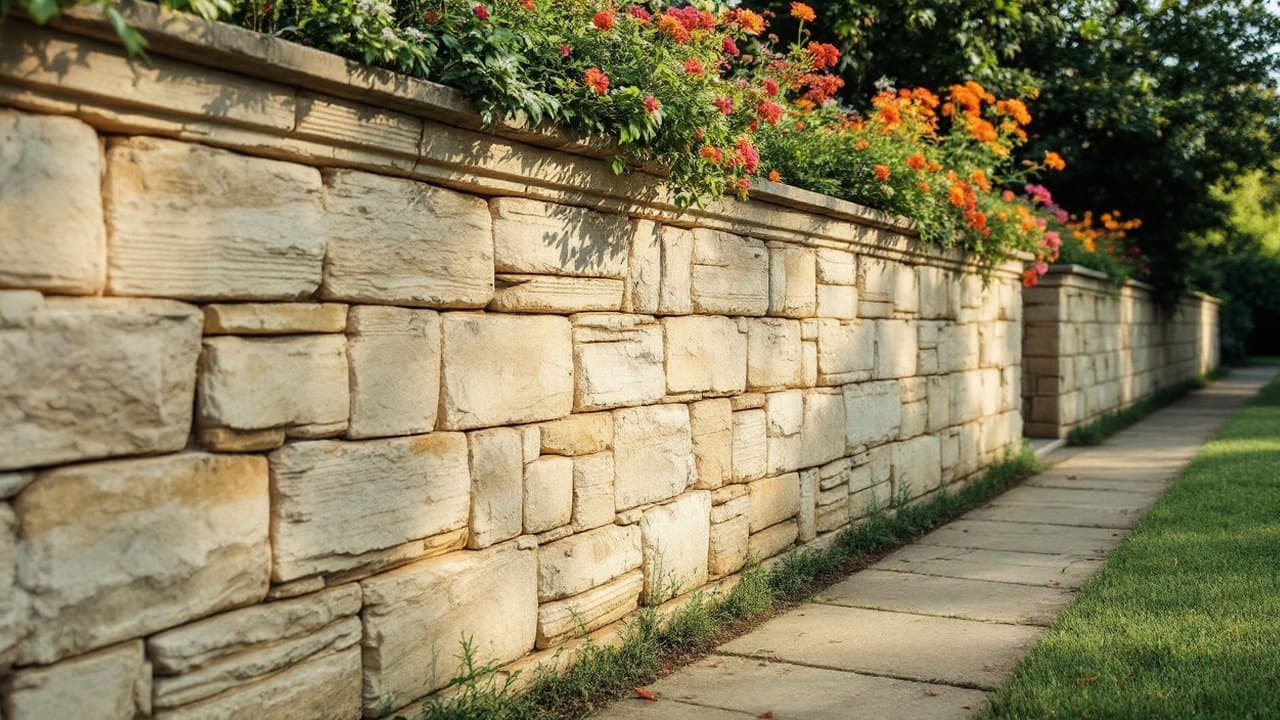 Mur ancien en pierre calcaire repris, joints refaits et couronnement de dalles, massif fleuri intact au-dessus