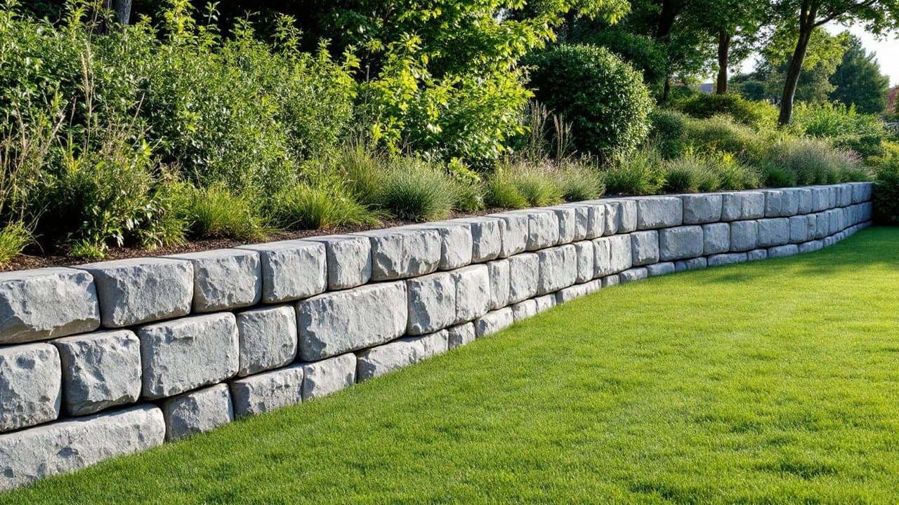 Talus de jardin planté d'arbustes et de graminées, son pied tenu par un muret de blocs de pierre grise