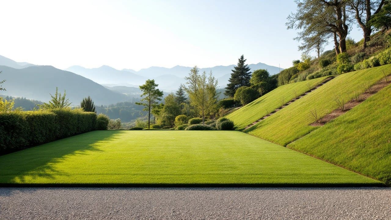 Plateforme de jardin nivelée au pied d'un talus engazonné réglé, montagnes en arrière-plan